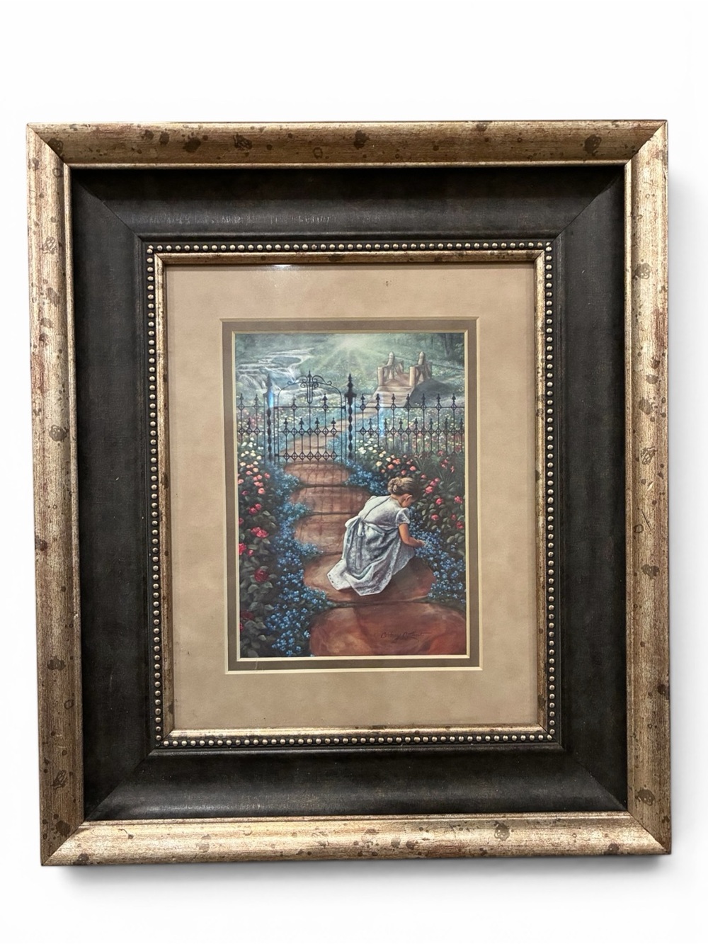 "Forget me Not" Art By Courtney Lunt Gold Frame 12X14 Girl Flowers Garden